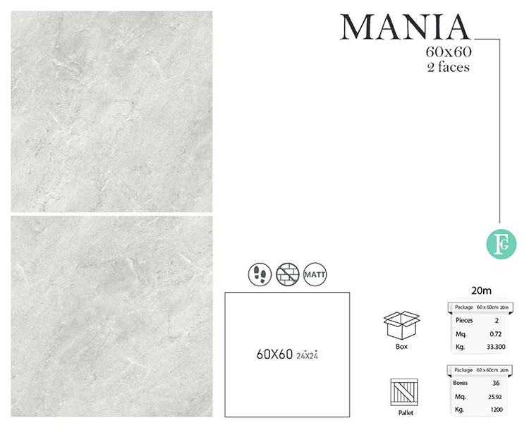 سرامیک مانیا فخار 60 در 60 پرسلان مات 20 میلیمتر